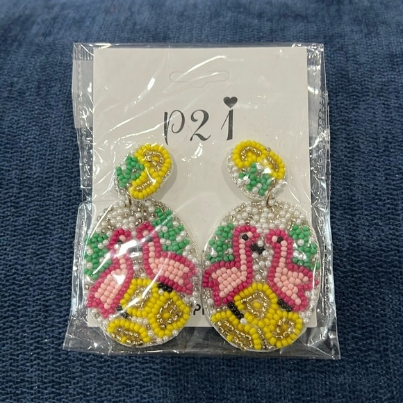 P21 Jewelry - P21 Women’s Beaded Dangling Oval Beaded Flamingo Earrings Multicolored Tropical